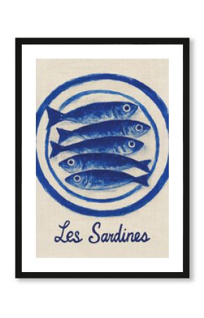 Vintage French Sardine Poster in Bold Blue Print, Retro Coastal Kitchen Wall Art with Fish Illustration and Textured Canvas Style, Nautical Seafood Decor in Graphic Midcentury Aesthetic