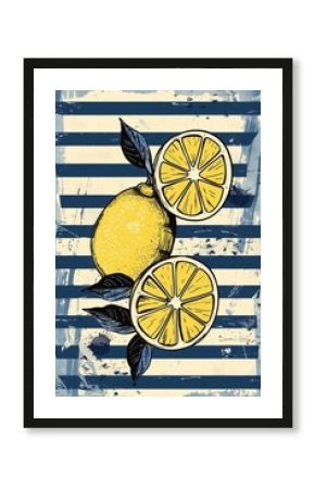 Lemon cluster on black and white stripes poster print