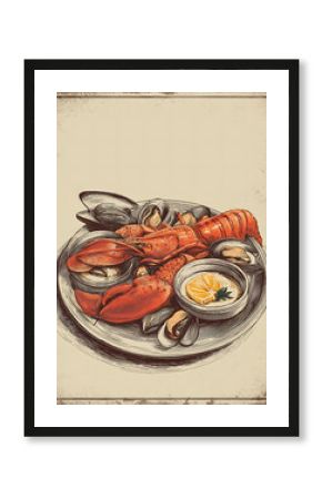 Vintage poster of seafood dish, empty space