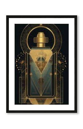 Art Deco Perfume Bottle, Golden Design, Dark Background, Luxury Advertisement