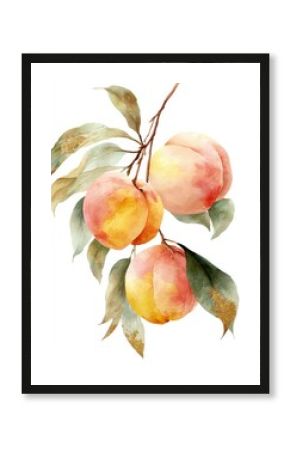 Watercolor illustrations of peaches. Hand painted ripe peach branches with green leaves on a white background
