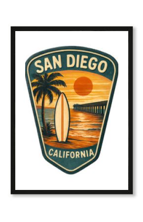 San Diego at sunset with a surfboard and a scenic view of the California coast. Vintage emblem badge patch, retro design, transparent background
