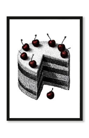 Vintage Layered Cake With Cherries In Retro Engraving. Nostalgic Dessert Illustration Isolated On Transparent Background