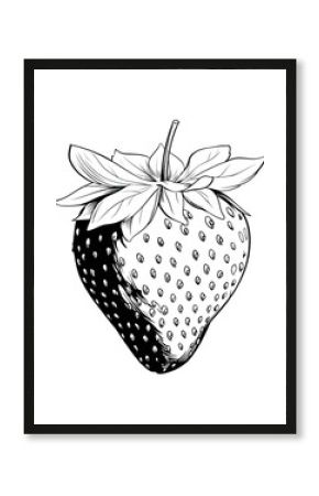 Detailed black and white illustration of a single strawberry.  
