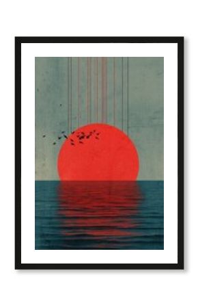 Sunset over still water, birds fly.  Vertical, textured