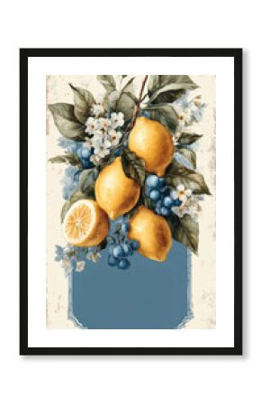 Decorative vintage lemons with grapes and flowers on textured background, ideal for labels, packaging, invitations, and summer party templates.
