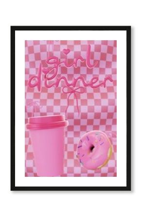 National Donut Day vertical 3D pink glazed infographic girl dinner banner render rotating coffee cup checkers texture ribbon bows confetti falling retro pop groovy funky fancy celebration event
