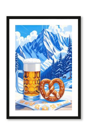 A retro poster design featuring beer on a checkered tablecloth against a stylized mountain peak. A classic Oktoberfest aesthetic.