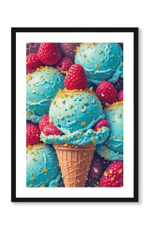 Risographic poster of ice cream with raspberries and gold flakes. Retro textures and bold duotones.