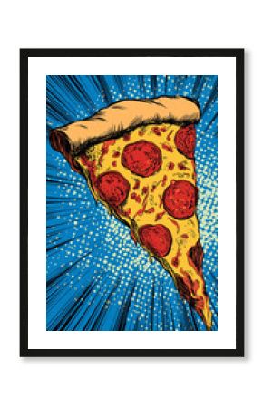 Pop art pizza slice. Colorful radial background in pop art retro comic style. Vertical