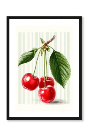 Vintage hand-drawn illustration of ripe red cherries on striped green background.
