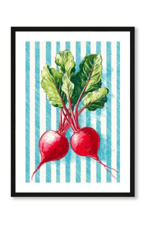 Vintage hand-drawn illustration of two fresh red beetroots with green leaves on a striped background.