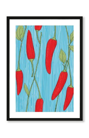 Pattern of red chili peppers with green stems and leaves on a blue textured background.
