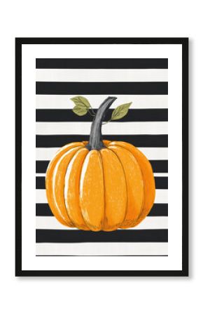 Orange pumpkin with leaves on a black and white striped background.
