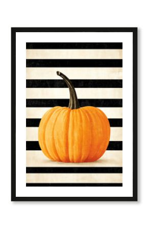 Vintage orange pumpkin on a black and white striped background.