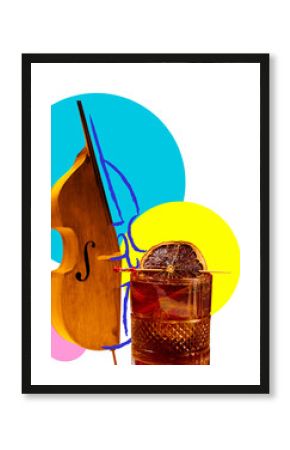 Vibrant collage. Long Island Iced Tea with contrabass on blue and yellow background. Concept of cocktails, nightlife, live music, and artistic lifestyle visuals for marketing and design.