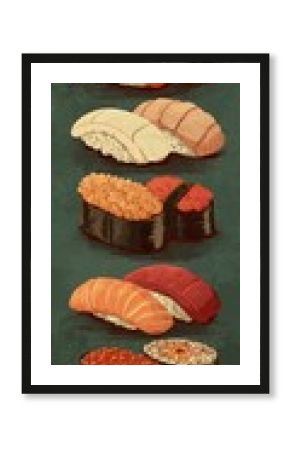 A vintage-style illustration of various pairs of sushi pieces, including nigiri and maki, on a dark, textured background, with a warm, nostalgic feel.
