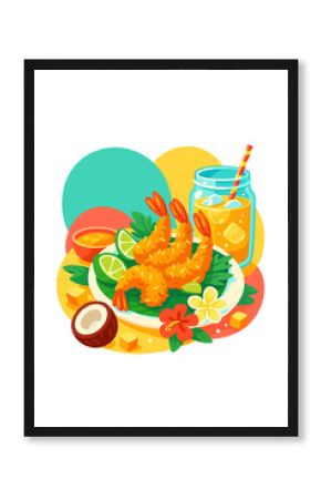 Illustration of Coconut Shrimp Summer—Summer Theme Collection. On a transparent background. Element design. Clip art. Vector illustration. No background. Suitable for artwork design.