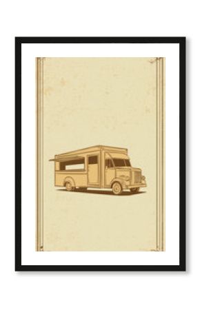 Vintage illustration of a food truck on a textured parchment background with an ornate decorative border, ideal for menus, posters, and event branding.