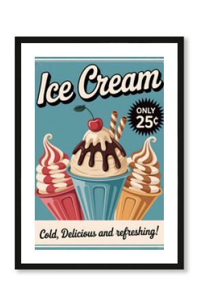 Retro ice cream sign featuring three delicious cones and cups with vintage typography