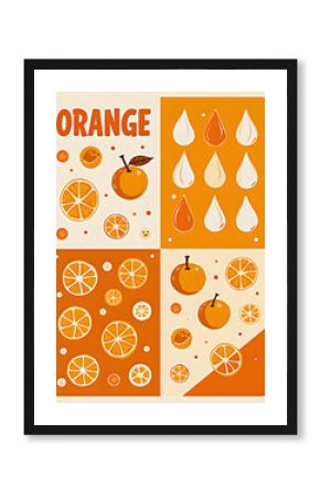 Colorful orange fruit illustration with slices, whole fruit, and juice drops