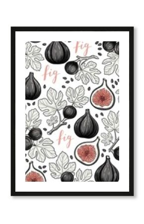 Black and white seamless pattern of hand drawn fig isolated on white background for textile design. Vibrant fig pattern with fresh fruit slices and delicate leafy outlines for culinary delight