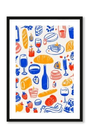 Wine and appetizers minimalist drawings. A drawing of simple doodles