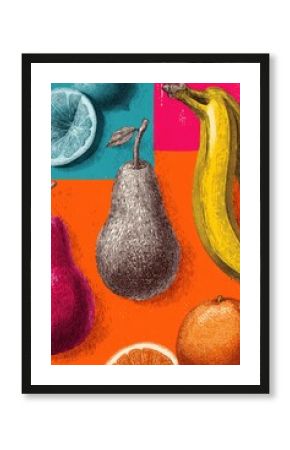 Colorful fruit squares, pear prominent, stylized