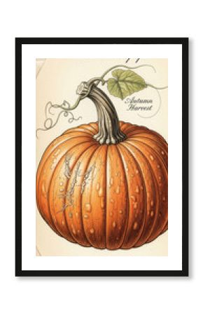 Illustration of an orange pumpkin with stem, leaf, and vines on beige paper, showcasing autumnal harvest themes and agricultural abundance