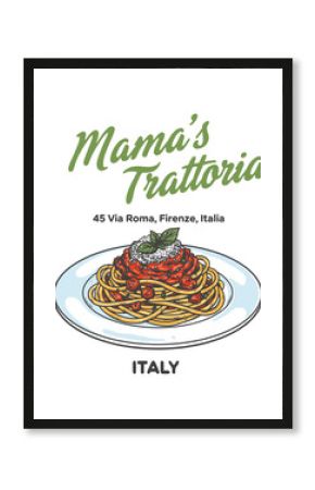 Classic Italian Trattoria Logo Design featuring Hand-Drawn Spaghetti Bolognese, Vintage Restaurant Signage Template