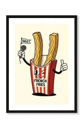 Cartoon French Fries Character Promoting Sale with Microphone and Thumbs Up.