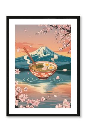 Surreal Ramen over Fuji Lake Vintage Poster