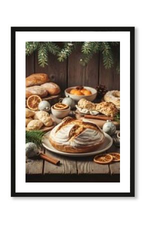 Warm rustic Christmas food background with natural wood texture, pine branches, and cozy farmhouse vibe. Perfect for organic holiday poster and eco-style designs