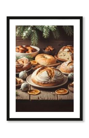 Warm rustic Christmas food background with natural wood texture, pine branches, and cozy farmhouse vibe. Perfect for organic holiday poster and eco-style designs