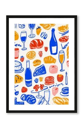 Wine and appetizers minimalist drawings. A drawing of simple doodles