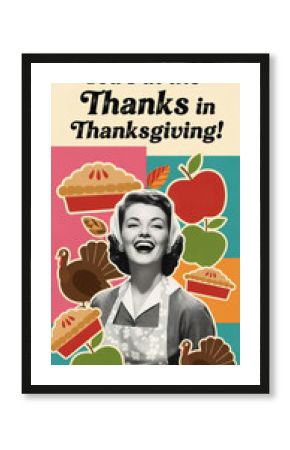 Woman in retro style laughing, surrounded by Thanksgiving elements. Vintage poster for holiday greeting card or autumn celebration.