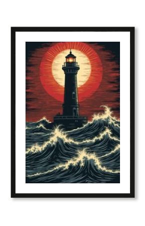 Dark silhouette of lighthouse stands in ocean during stormy weather. Large waves crash against base as bright sun sets or rises behind structure. Dramatic seascape evokes danger and guidance.