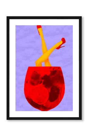 Surreal poster with legs emerging from oversized cocktail glass. Concept of playful party fantasy, bold nightlife style for creative ads, club visuals and pop-art branding.