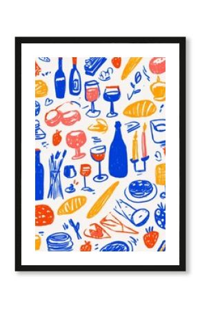 Wine and appetizers minimalist drawings. A drawing of simple doodles.