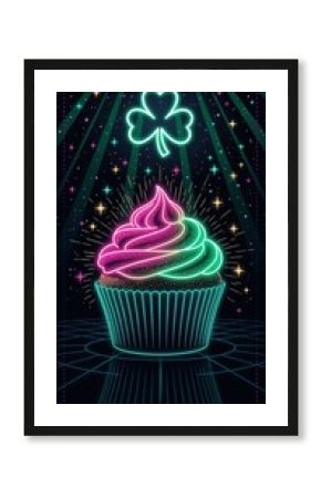 St Patrick's Day neon cupcake with glowing shamrock. Retro 80s synthwave illustration for festive holiday party