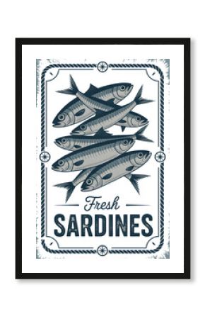 Fresh sardines label vintage nautical food design