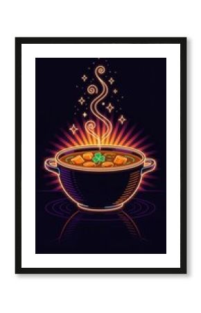 Neon illustration of steaming Irish stew for St Patrick's Day. Glowing shamrock soup with magical steam on dark background. Festive holiday food celebration