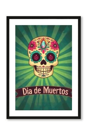 Dia de Muertos Party Invitation. Mexican sugar skull with colorful floral pattern on each eye, with crystal on forehead, on green rays background, with bright flowers, retro old poster style 