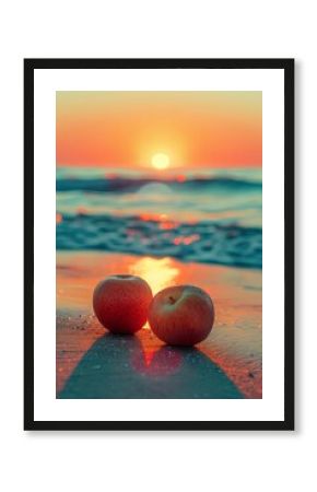 Photography of fruits on the beach, retro photography in sunset light, summer poster