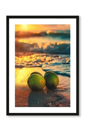 Photography of fruits on the beach, retro photography in sunset light, summer poster 