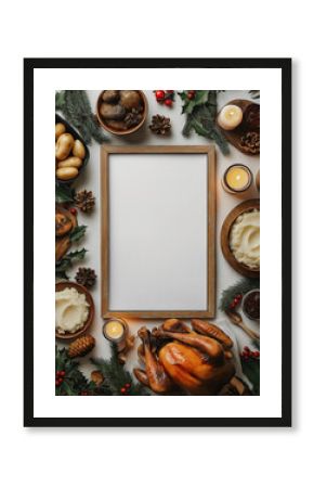 flat lay mock-up of a large white blank poster with a retro  thin wooden frame, including a roasted turkey with intricate textures, mashed potatoes, gravy, cranberry sauce, and festive sides