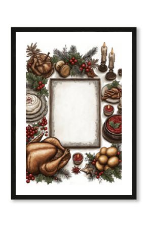 flat lay mock-up of a large white blank poster with a retro  thin wooden frame, including a roasted turkey with intricate textures, mashed potatoes, gravy, cranberry sauce, and festive sides