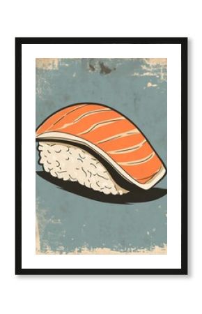 Retro sushi salmon nigiri japanese food minimalist simple drawing painting vintage, wooden tin poster