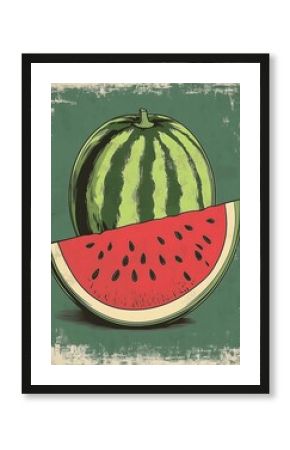 watermelon retro art vintage poster style, green background, old fashioned, fruit