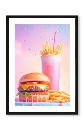 Retro 80s Neon Burger Poster with Cheese Fries & Soda - Pastel Pink & Purple